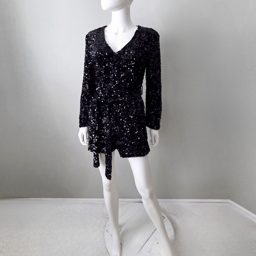 Black Sequin Long Sleeve Romper With V-Neckline & Removable Belt, Size Small - Picture 16 of 16